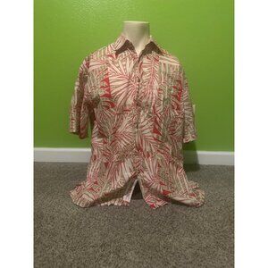Bamboo Cay Mens Hawaiian Shirt M Red Beige Palm Leaf 100% Cotton Lawn Made In Ko